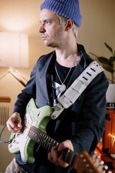 Musician with electric guitar performing in a cozy indoor setting.