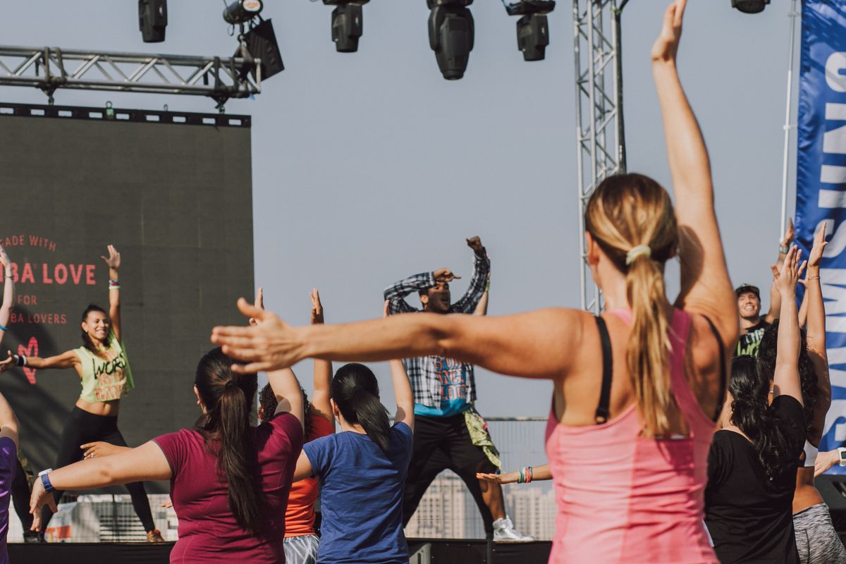 Women dancing together in an energetic Zumba class