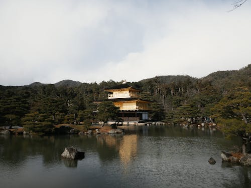 Buddhist Temple of Golden Pavilion on lake shore
