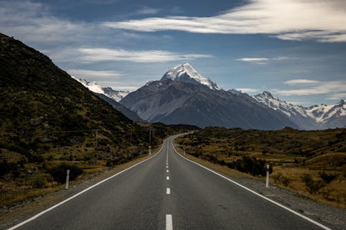 Road through hills and mountains covered with snow