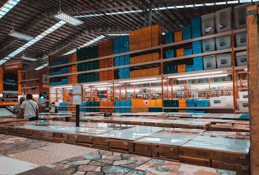 Spacious warehouse showcasing neatly arranged plastic containers on shelves under bright lighting.