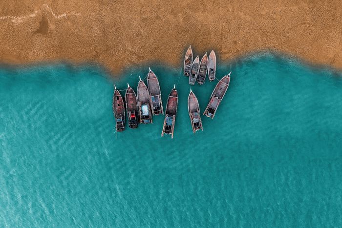 Top view of boats on a beach