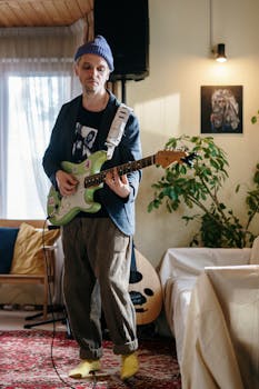 Man playing electric guitar at home, capturing a cozy and relaxed vibe.