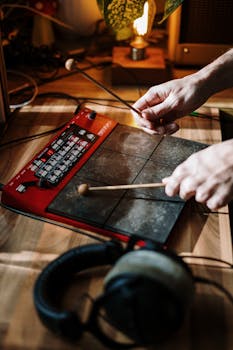 Hands playing percussion pad in home studio with headphones nearby.