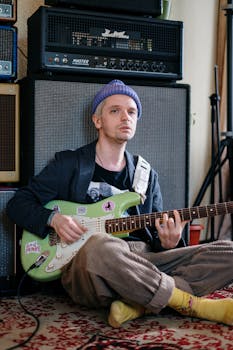 Man playing guitar at home in cozy setting, perfect for music lovers.