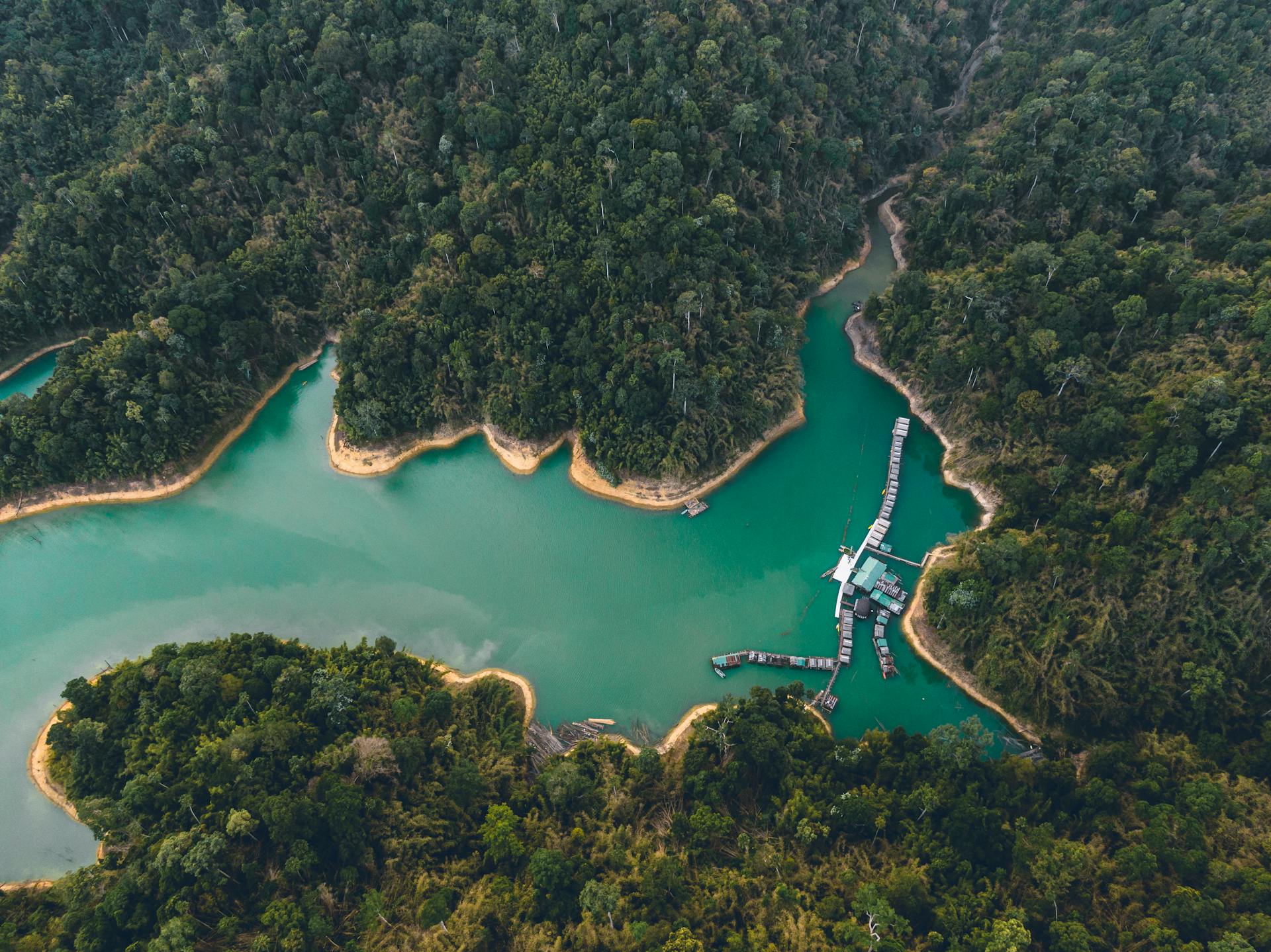 Breathtaking drone view of houses on water and sandy coastline surrounded by exotic forest and lagoon