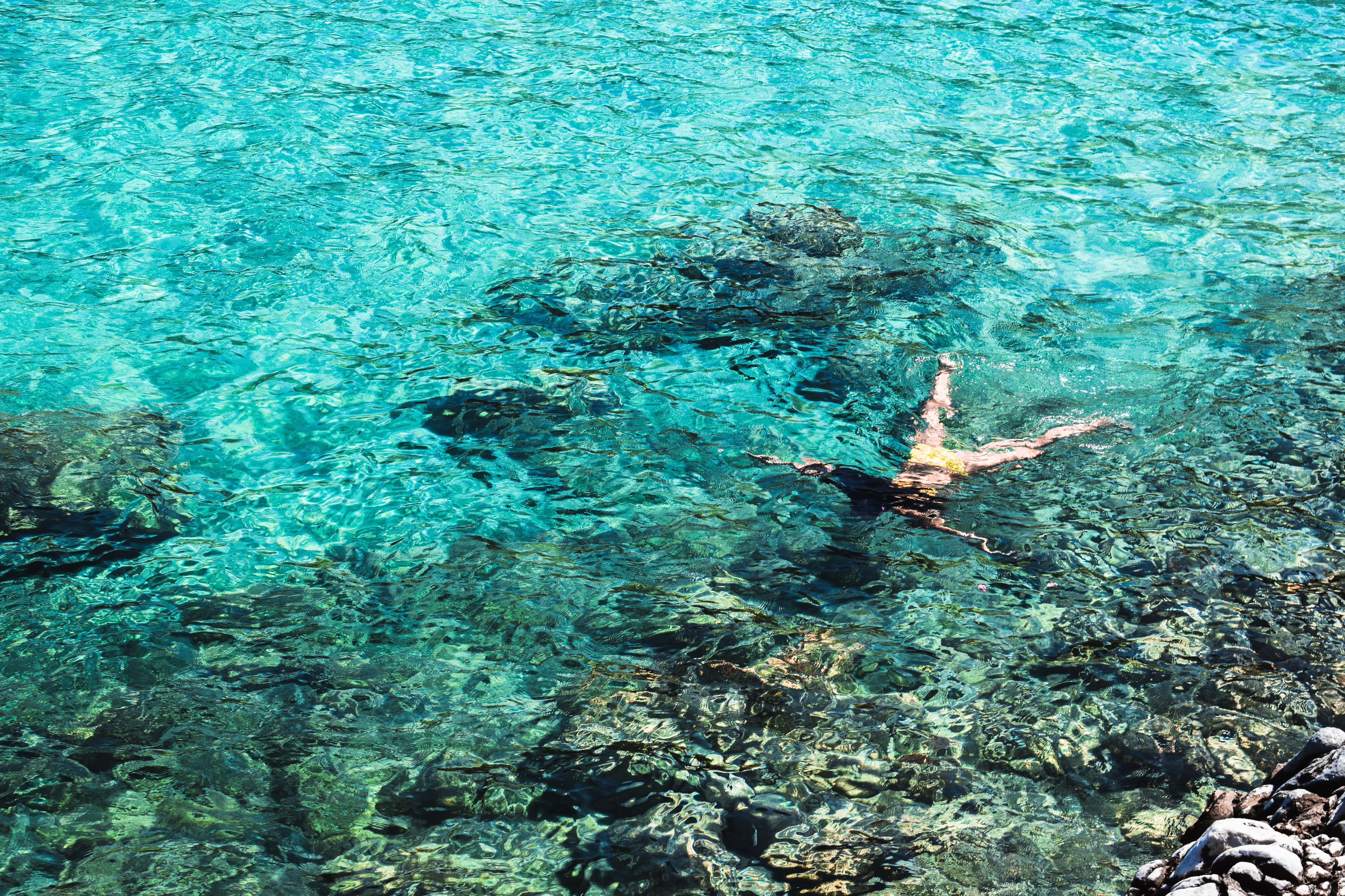 A woman snorkeling in crystal clear seawater, showcasing underwater scenery and vibrant marine life.