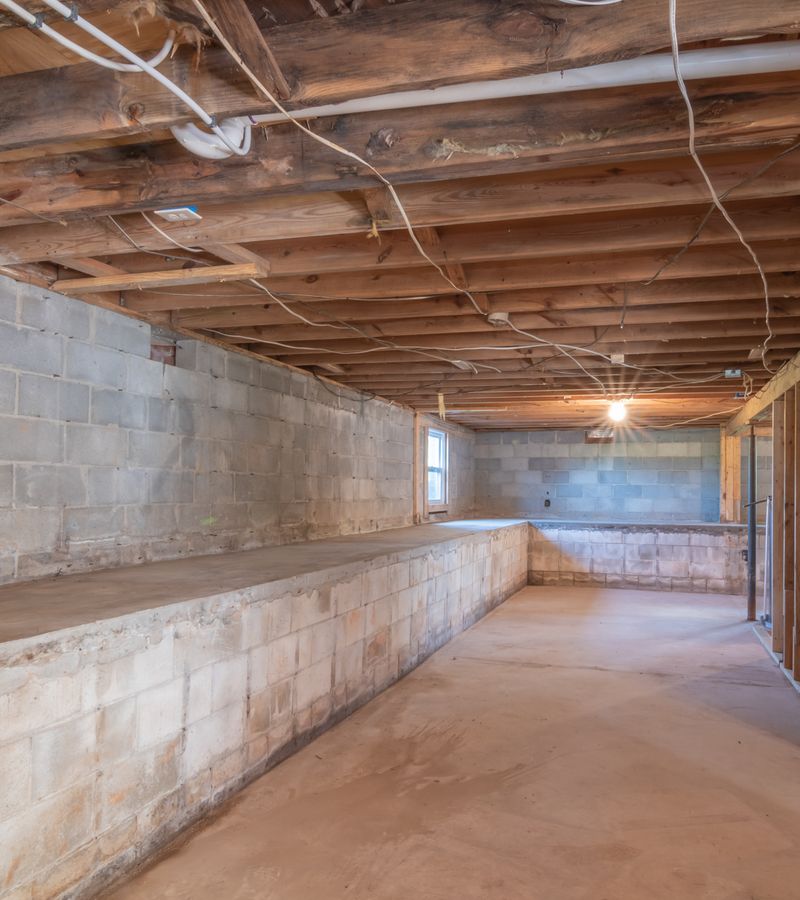 Exposed floor joists in an open crawl space, where soft and bouncy floors start