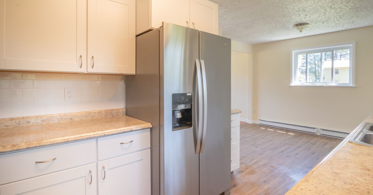 Bright modern kitchen featuring stainless steel appliances and wooden flooring.