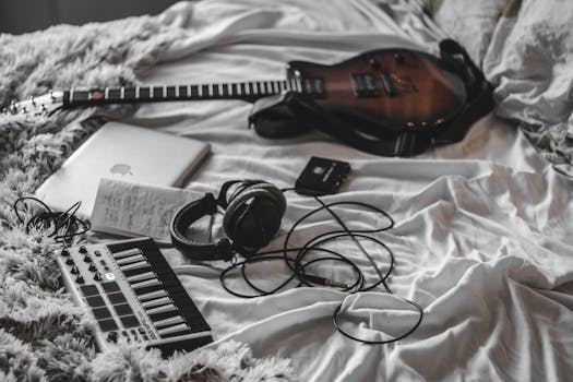 A collection of musical instruments and tech gadgets on a bed, creating a cozy studio vibe.