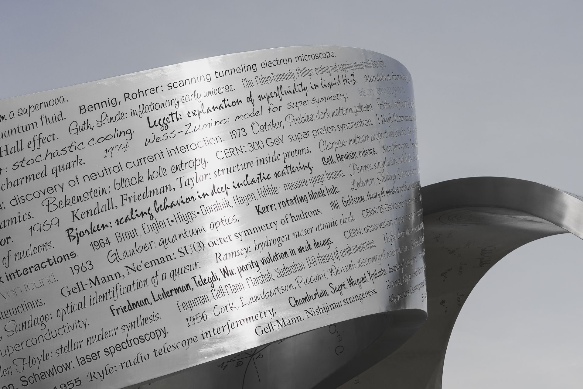 Stunning close-up of a metal sculpture adorned with scientific writings against a clear sky.