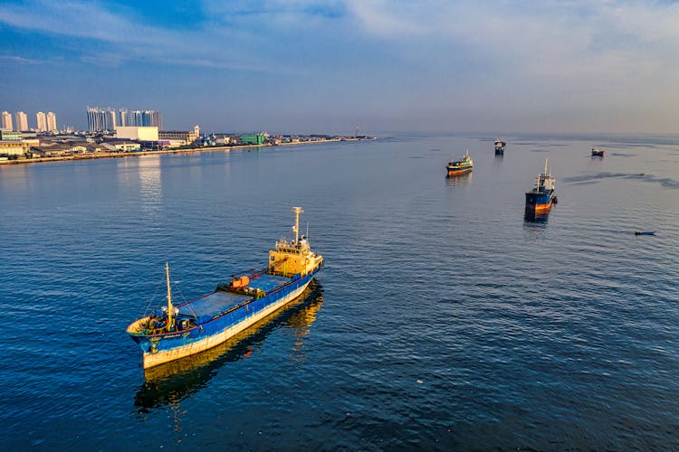 Container Ships Sailing Near The City