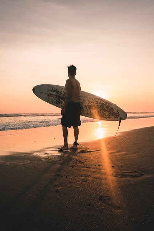 Free Back View of a Man Holding a Surfboard on the Seashore Stock Photo