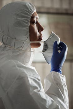 一名医护人员身着个人防护装备，戴着防护口罩，准备执勤的侧面轮廓