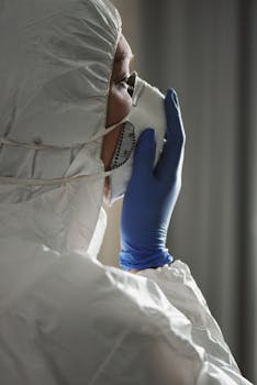 Healthcare professional in full PPE adjusting face mask during work.