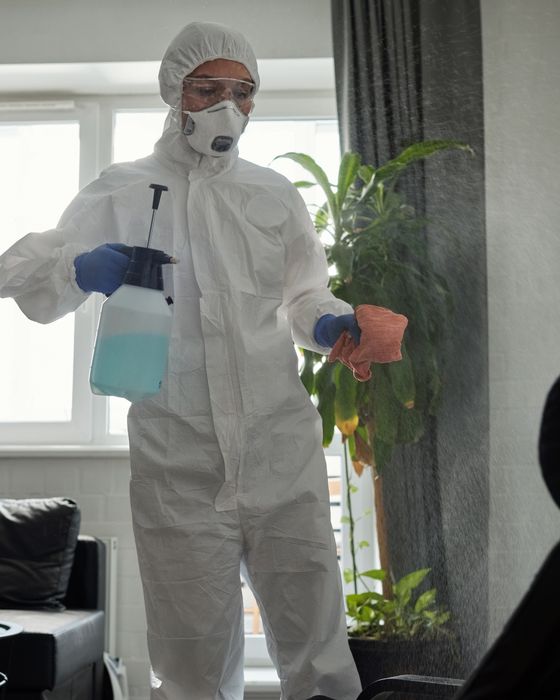 Specialist in protective gear sanitising a living room