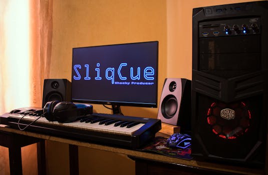 Modern home studio setup with music production equipment including keyboard, computer, and speakers.