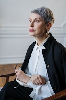 一位成熟的女性坐在专业的办公室里，若有所思