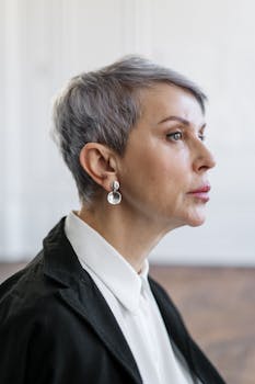 Elegant portrait of a thoughtful, mature woman in professional attire, captured indoors.