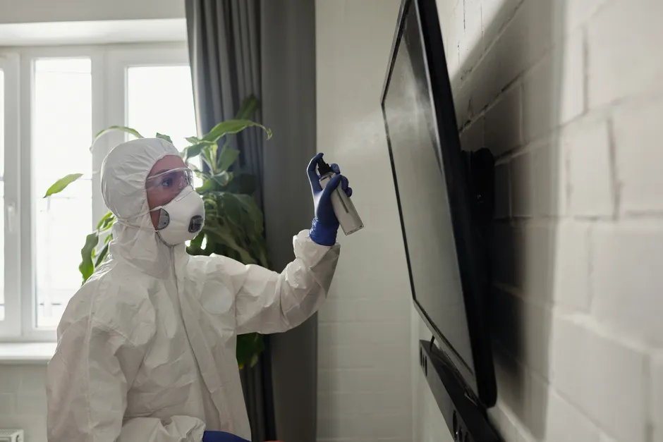 Professionnel appliquant un produit de nettoyage spécialisé sur une surface noircie par le feu