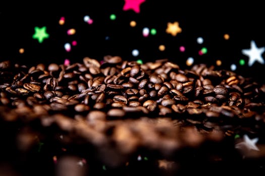 Coffee beans with a vibrant and colorful starry backdrop.