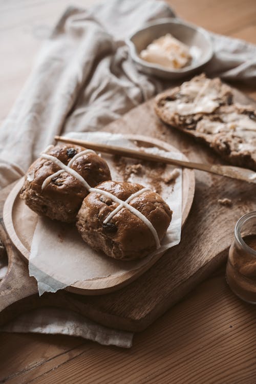 Brown Bread Buns on Wooden Plate