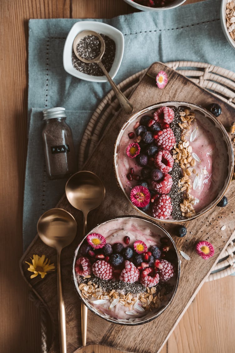 Fresh Acai Bowls On A Wooden Tray