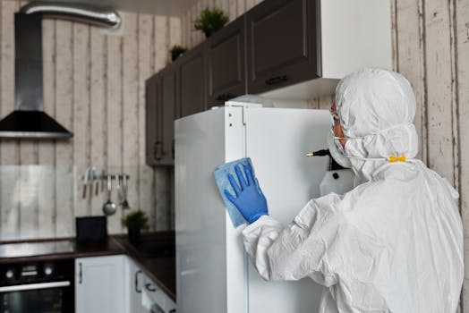 Individual in full protective gear cleaning kitchen fridge, promoting hygiene and safety.