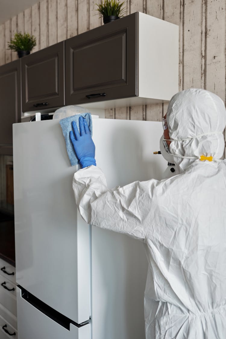 Person In Protective Suit Disinfecting The House