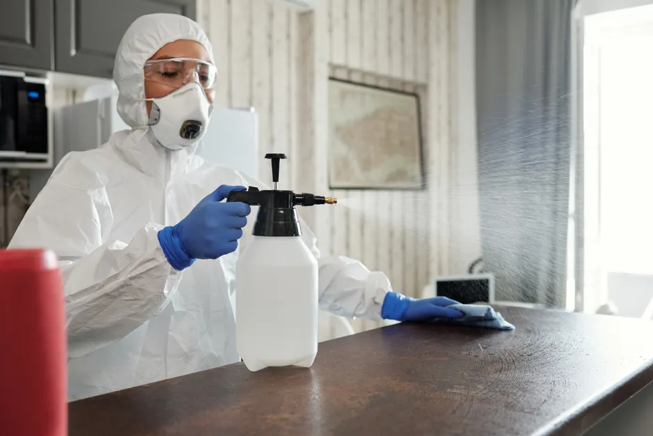 Gros plan d'un agent utilisant un pulvérisateur de désinfectant sur une surface pour éliminer les contaminants biologiques