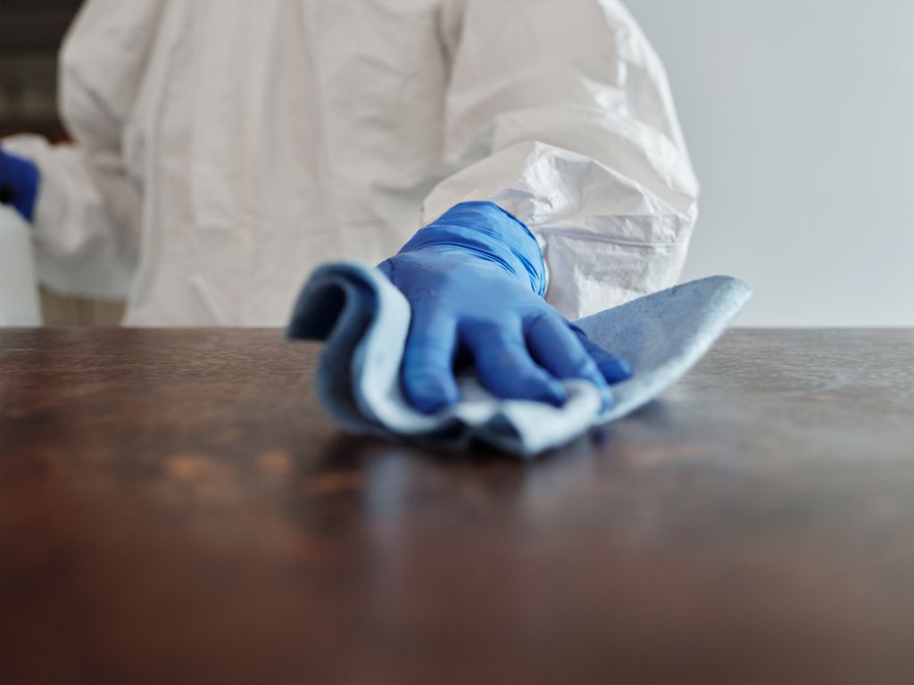 Cleaner disinfecting a surface with professional products