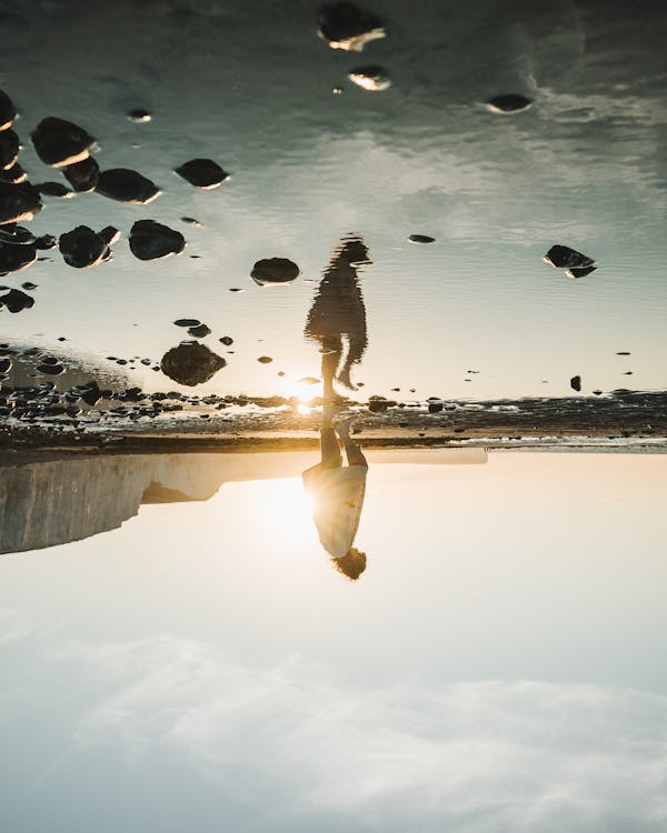 Upside down of anonymous person standing alone and reflecting in water surface during sunset