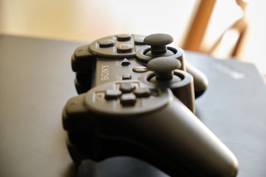 A black wireless game controller with joysticks on a dark surface in soft natural light.