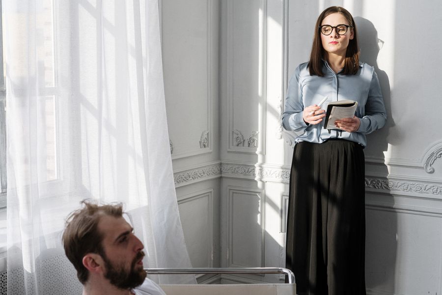 Counselor and client in conversation in a modern Brightmere therapy office