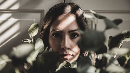 Free A close-up portrait of a woman partially hidden by green leaves, with dramatic light and shadow play. Stock Photo