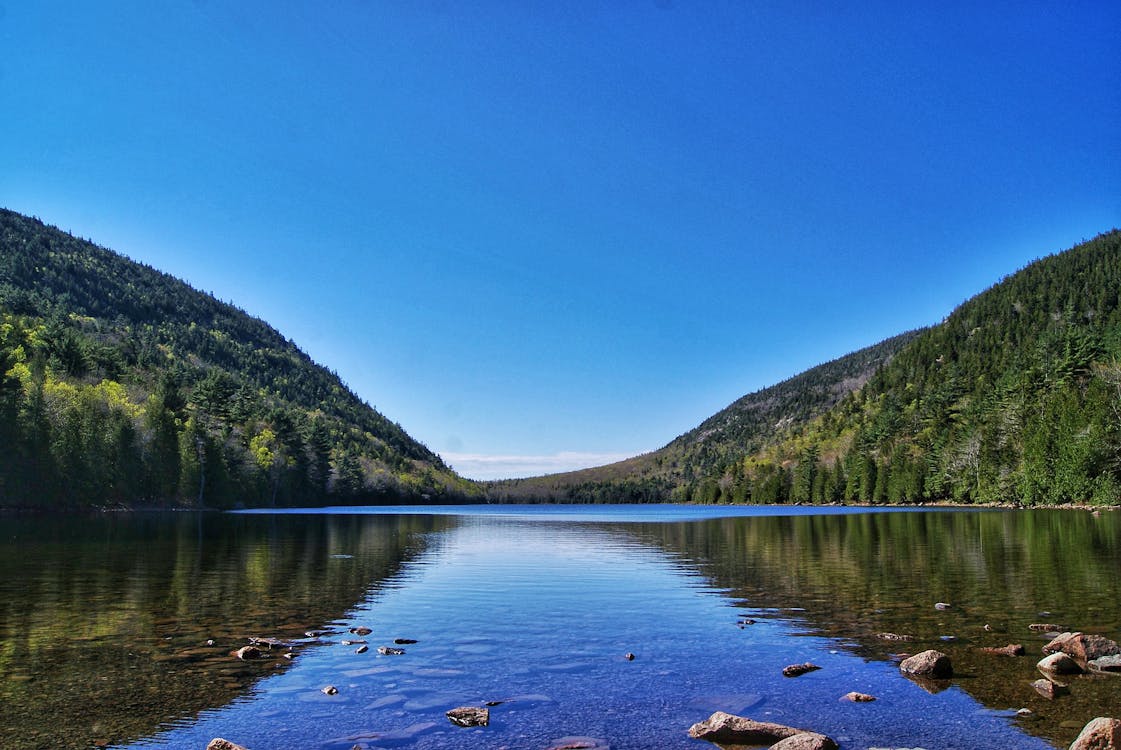 Beautiful Landscape of a Mountain Lake Under Clear Blue Sky