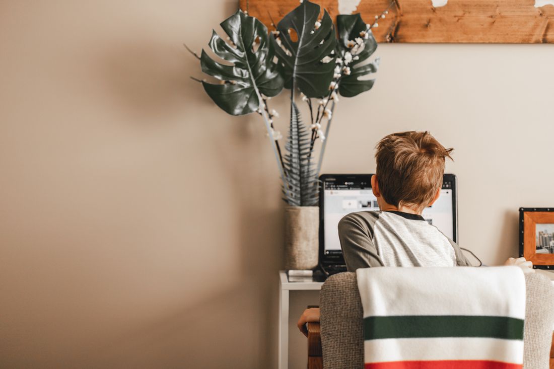 Illustrative online-learning scene with a student using a laptop at home