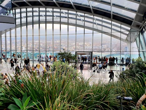 Stunning view of London from the Sky Garden with lush greenery and urban backdrop.