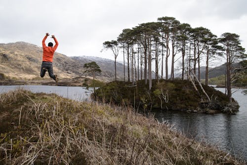 Homem De Camisa Laranja De Mangas Compridas Pulando No Lago Perto De árvores Altas Durante O Dia