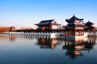 Oriental Asian architecture with typical sweeping curvature rising at roof corners and located on peaceful pond shore on clear day