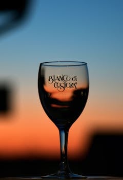 A wine glass with etched text against a vibrant sunset sky, creating a serene ambiance.