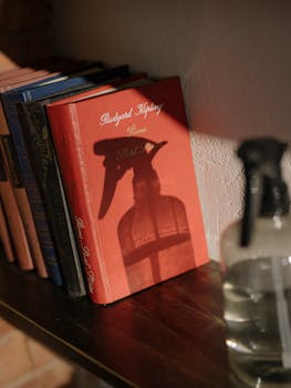 Artistic shadow on books creating a vintage ambiance on a bookshelf.