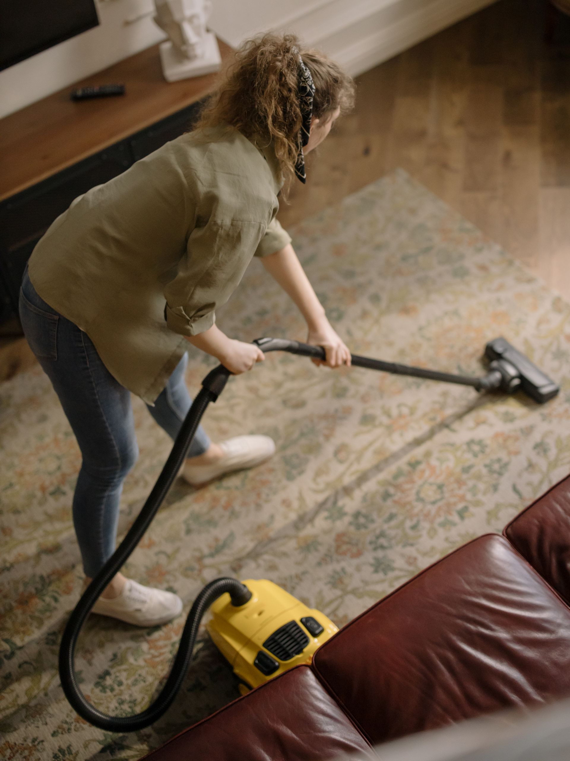 Carpet being cleaned in a bright living room