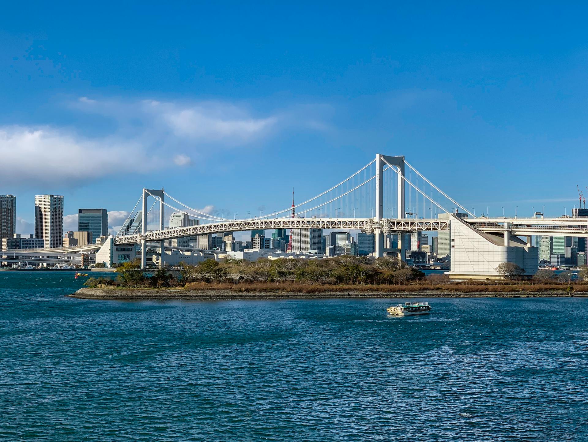 Contemporary Tokyo city skyline and Rainbow Bridge over calm river on clear summer day