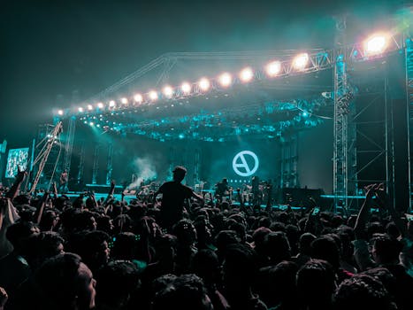 在晚上的户外摇滚节现场，人群中有人匿名跳舞和鼓掌