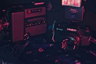 Professional retro cameras in dark room