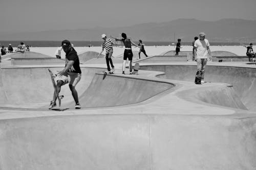 Black and white anonymous diverse active people training and riding skateboards in ramp park near sea on sunny day