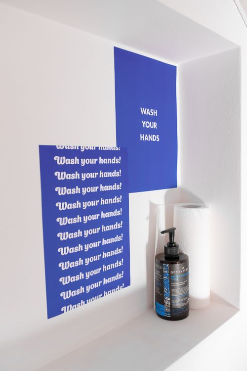 Wash Your Hands Labels in Cabinet with Disinfectant and Paper Towel ...