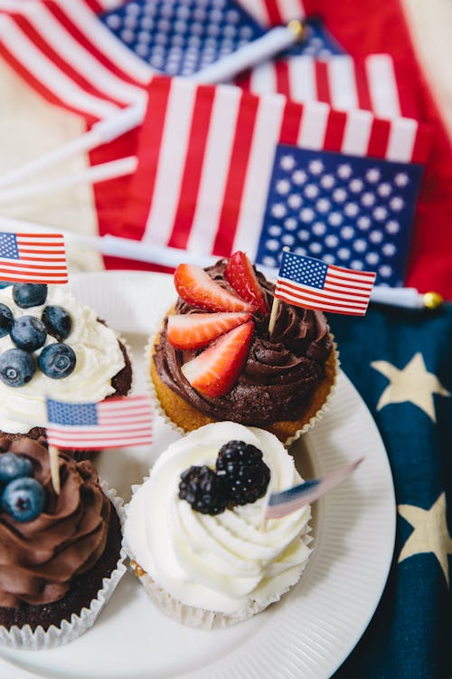 Cloe up of Cupcakes with Flags of USA