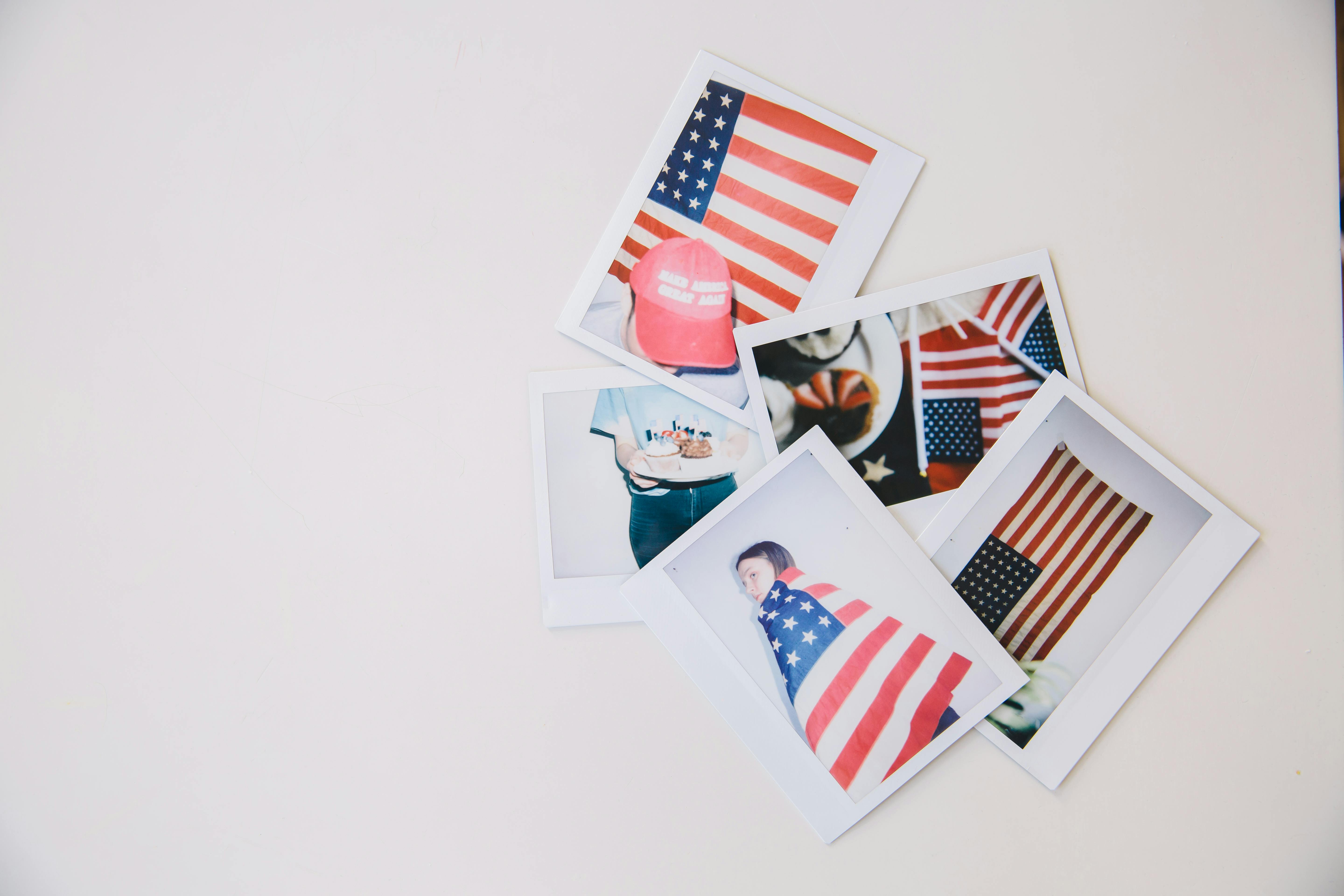 A collection of photos featuring American flags and patriotic themes on a white background.